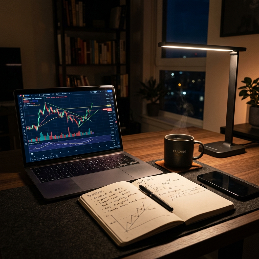 Cinematic study desk setup for trading
